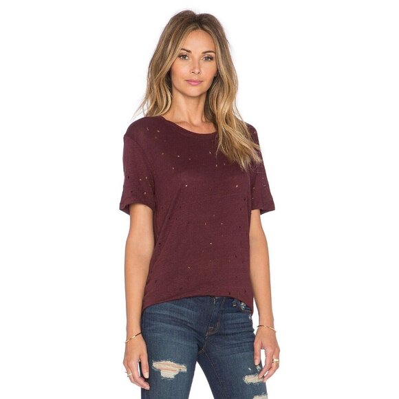 IRO Clay Burgundy 100% Linen Jersey Distressed Holes Crew Neck T-Shirt, Size S - Picture 2 of 13